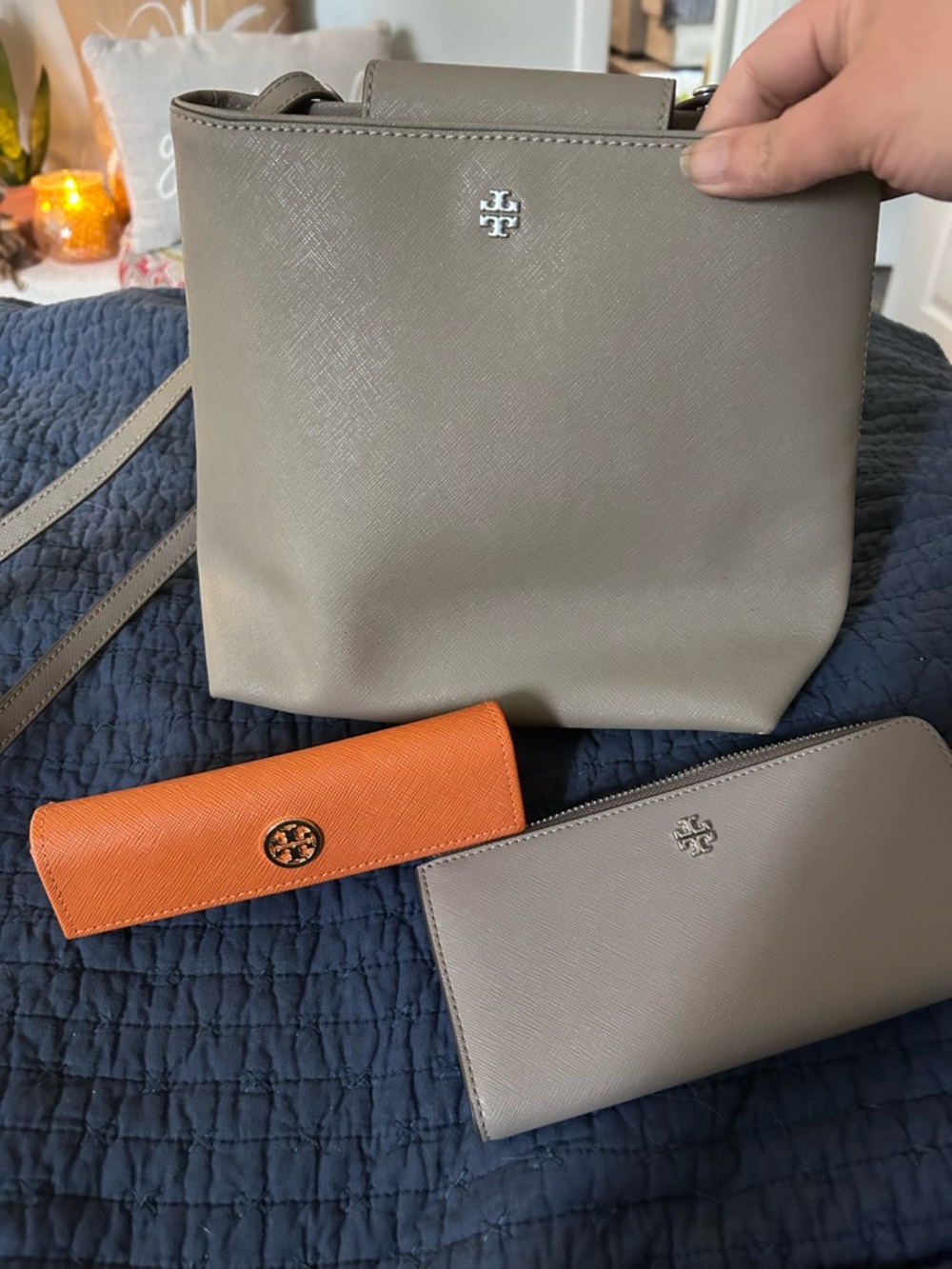 Tory Burch Taupe Crossbody Bag with and Taupe Wallet wit orange glasses case